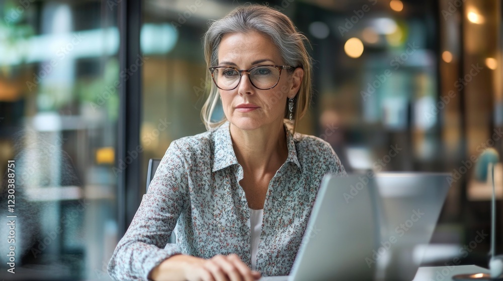Happy stylish mature old woman remote working from home distance office on laptop taking notes. Smiling 60s middle aged business lady using computer watching webinar sit on couch writing in notebook