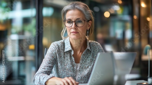 Obraz na płótnie Happy stylish mature old woman remote working from home distance office on laptop taking notes. Smiling 60s middle aged business lady using computer watching webinar sit on couch writing in notebook w salonie