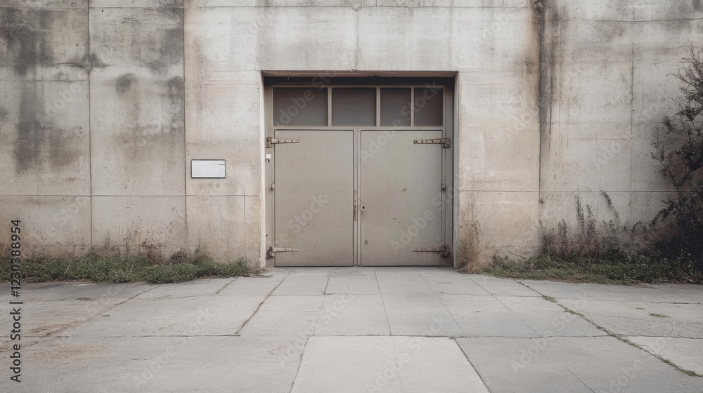 Obraz premium Weathered concrete building with large metal doors.