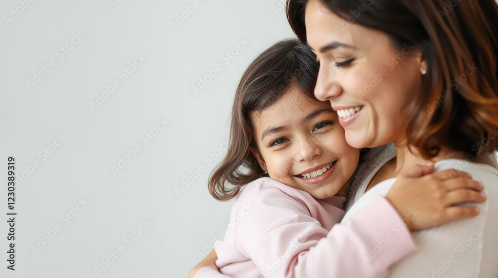 Happy little Latino girl from Ecuador hugging her mother on Mother's Day. Wallpaper with empty space for text Happy little Latino girl from Ecuador hugging her mother on Mother's Day. Wallpaper with empty space for text