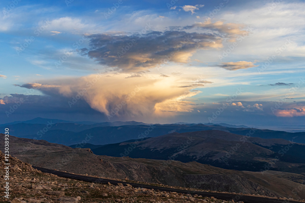 Beautiful landscape view of the top of Mount Blue Sky in Colorado at sunset.