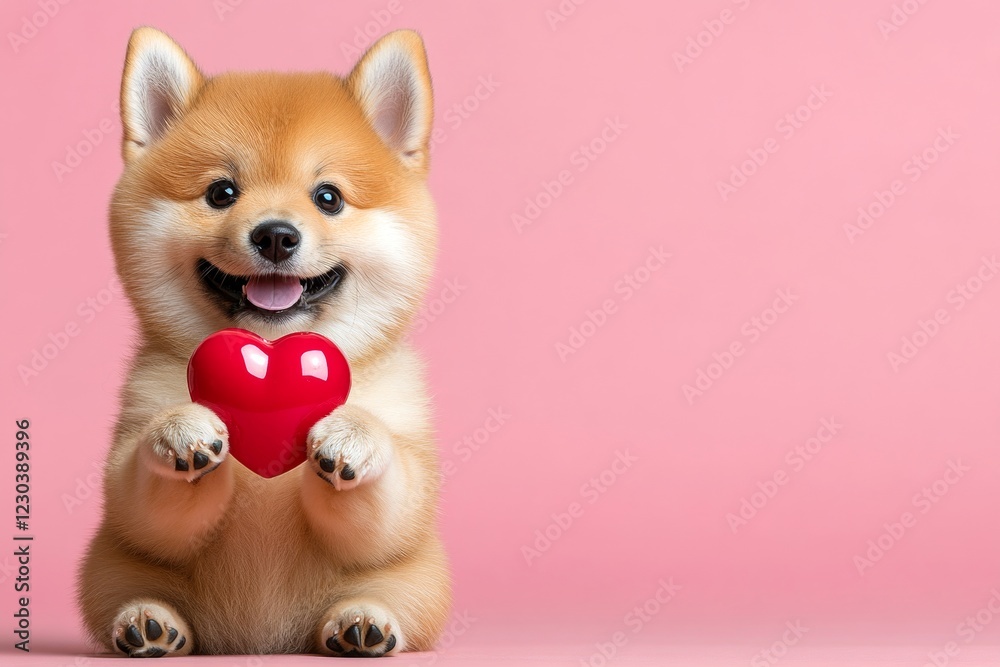 Obraz premium Commercial creative. Finnish spitz - my beloved dog. Cute finnish spitz canine with diamond red heart - emblem of love, funny greeting card. Dog with love sign. Romantic dog valentines.