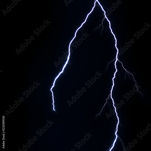 A single bolt of lightning, glowing white against a black background,  appears to move from left to right. photo