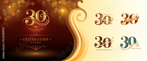 Set of 30th Anniversary logotype design, Thirty years Anniversary Logo, Elegant Classic Logo, Luxury Vintage and retro Serif Number 30, Celebrating Anniversary Logo for Congratulation event invitation