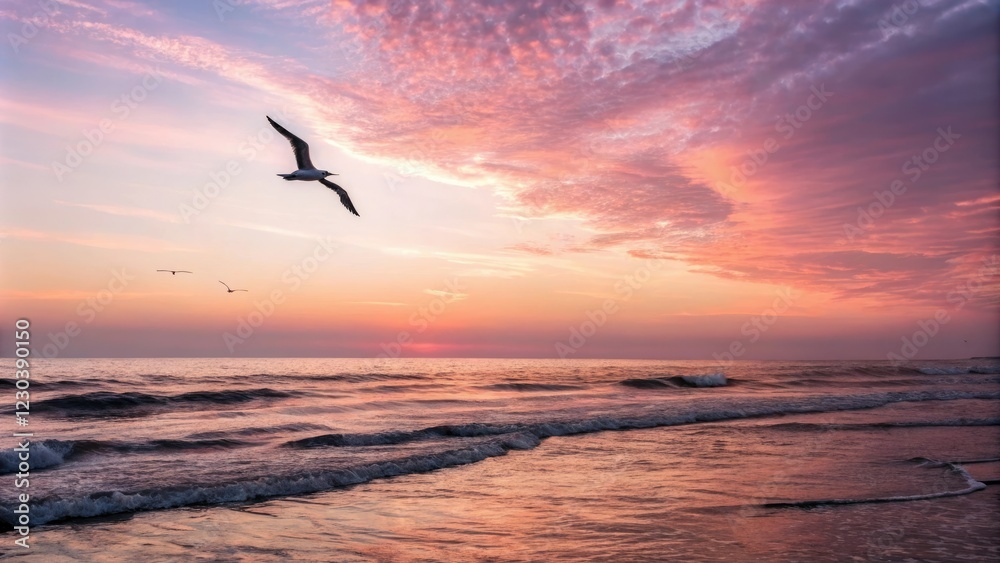 Fototapeta premium Soaring seagull silhouette against a radiant summer sky with soft pink and orange hues, reflecting off gentle waves in the foreground, summer, beautiful light