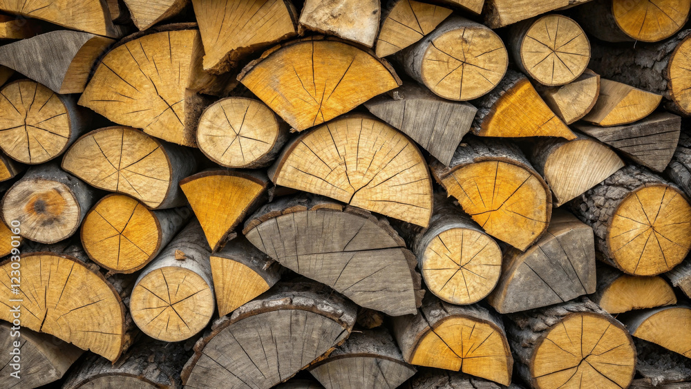 Fototapeta premium Stacked firewood pieces are neatly arranged, showing the circular patterns and natural color variations of cut logs. The image captures the rustic and organic aspect of the wood.AI