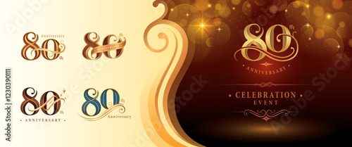 Set of 80th Anniversary logotype design, Eighty years Anniversary Logo, Elegant Classic Logo, Luxury Vintage and retro Serif Number 80, Celebrating Anniversary Logo for Congratulation event invitation