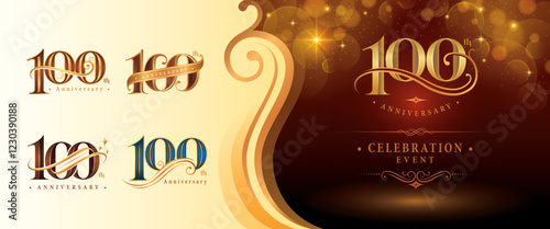 Set of 100th Anniversary logotype design, Hundred years Anniversary Logo, Elegant Classic Logo, Luxury Vintage and retro Serif Number 100, Celebrating Anniversary Logo for Congratulation event