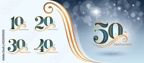 Set of 10 to 50 years Anniversary logo design, Ten to Fifty years Celebrating Anniversary Logo, Gold curved lines Elegant Classic Logo, 10,20,30,40,50 Luxury numbers for Congratulation event