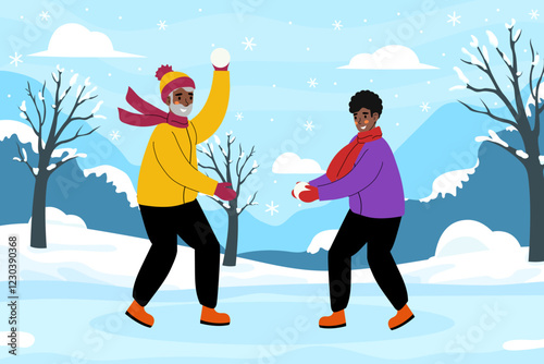 Joyful Winter Fun A Thrilling Snowball Fight in a Scenic, SnowCovered Landscape. Grandfather plays snowballs with his grandson