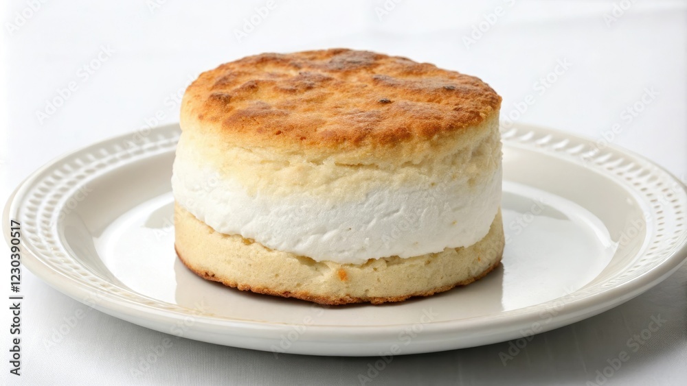 Soft golden brown marshmallow biscuit sitting alone on a white plate, single serving, marshmallow biscuit, baked goods, dessert plate, golden brown Soft golden brown marshmallow biscuit sitting alone on a white plate, single serving, marshmallow biscuit, baked goods, dessert plate, golden brown