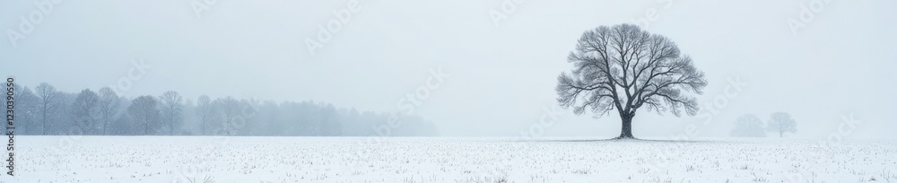 Fototapeta premium A lone tree in a snow-covered farm field with bare trees surrounding it, snow, wintry