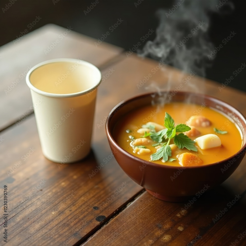 A paper cup sits empty on a worn wooden table beside a bowl of steaming hot soup, liquid, texture A paper cup sits empty on a worn wooden table beside a bowl of steaming hot soup, liquid, texture