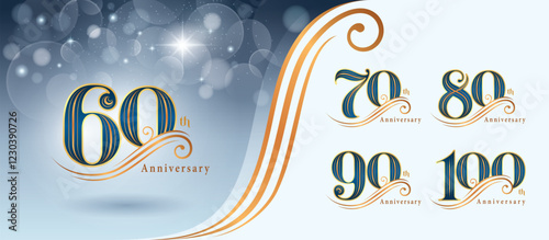 Set of 60 to 100 years Anniversary logo design, Sixty to Hundred years Celebrating Anniversary Logo, Gold curved lines Elegant Classic Logo, 60,70,80,90,100 Luxury numbers for Congratulation event