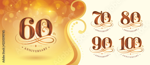 Set of 60 to 100 years Anniversary logo design, Sixty to Hundred years Celebrating Anniversary Logo, Gold curved lines dots Elegant Classic Logo, 60,70,80,90,100, Luxury  numbers for Congratulation