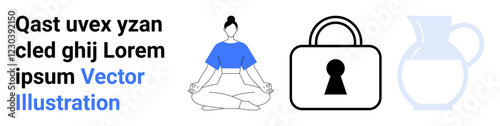 Woman meditating, security padlock, and water pitcher in a graphic composition with placeholder text. Ideal for wellness, security, hydration, relaxation, self-care, technology and lifestyle themes