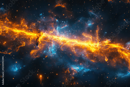 A vibrant nebula, a cosmic river of fiery orange and cool blue, illuminated by countless stars in the vast expanse of space. photo