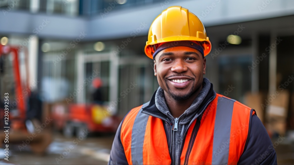 Portrait of a Happy African American Engineer in Protective Workwear, Posing on a Construction Site with Winter Hat and Helmet Portrait of a Happy African American Engineer in Protective Workwear, Posing on a Construction Site with Winter Hat and Helmet