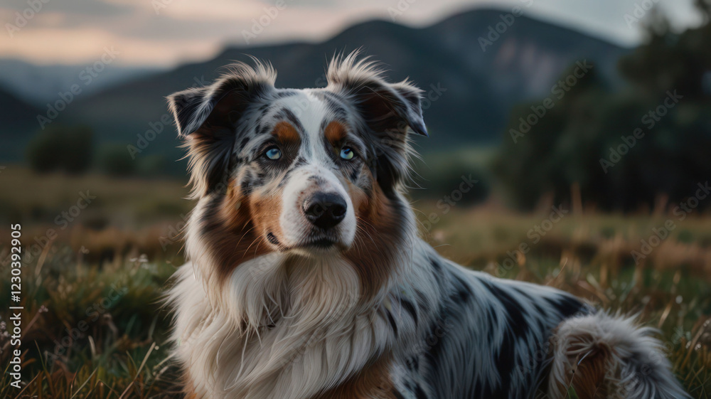 Blue Merle Australian Shepherd keeping watch Blue Merle Australian Shepherd keeping watch