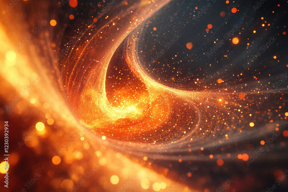 Fototapeta premium Abstract swirling cosmic nebula with fiery orange and gold particles, glittering bokeh effect.