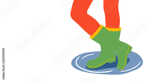 Colorful rubber boots splashing in a puddle with copy space