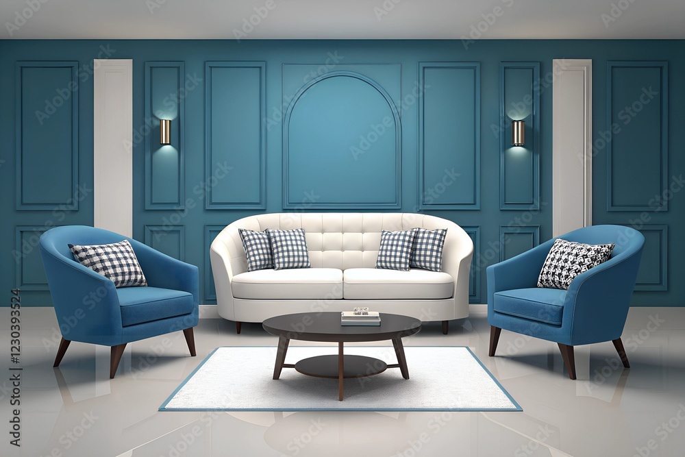 Fototapeta premium A Modern and Elegant Living Room with a Blue and White Color Palette, Featuring a Minimalist Aesthetic and Sophisticated Furniture Arrangement.