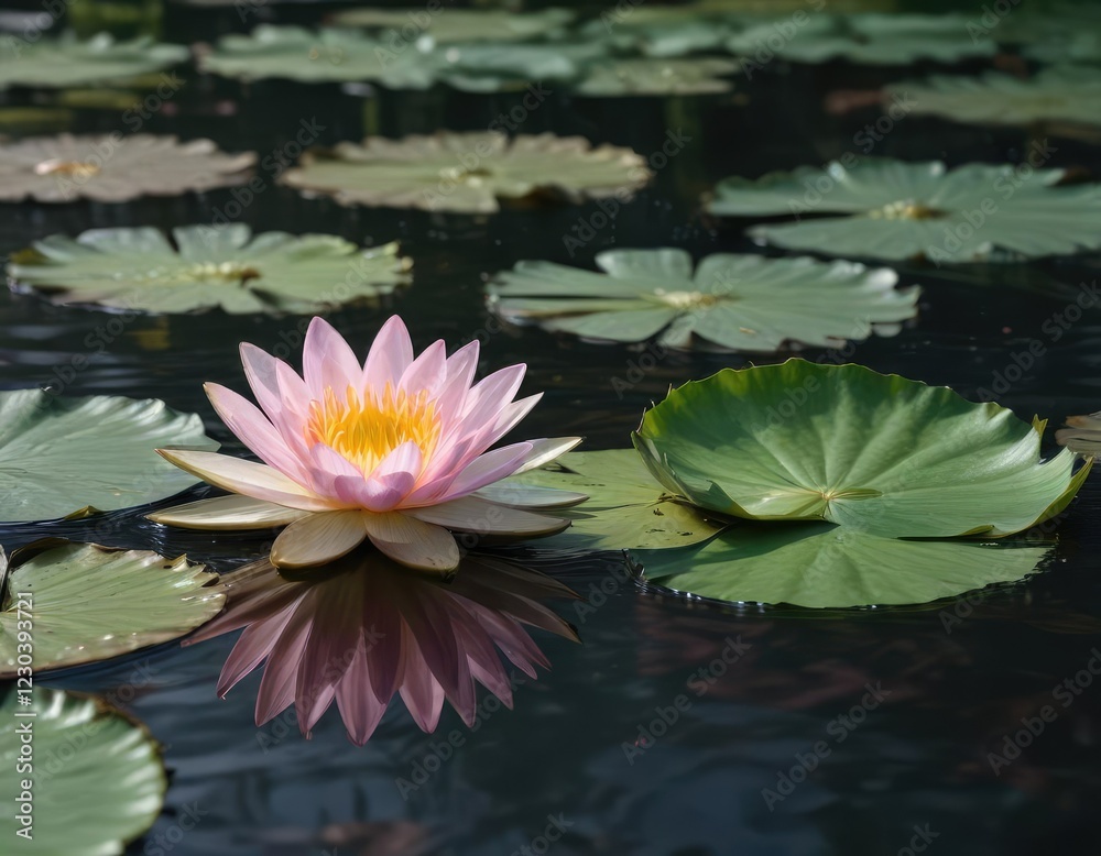 Pink and green flowers surround a solitary white water lily, green lilies, single flower Pink and green flowers surround a solitary white water lily, green lilies, single flower