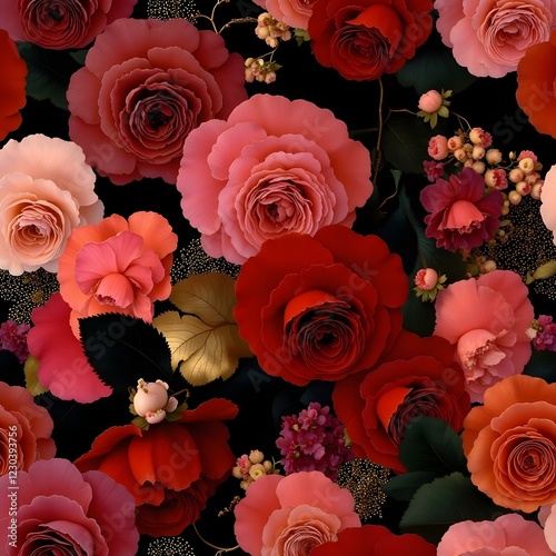 Luxurious rose pattern background featuring lush, full-bloom roses in rich red, burgundy, and gold hues
