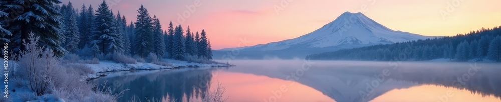 Fototapeta premium Frosty forest and lake at dawn with Mt Susitna in the background, , peaceful atmosphere