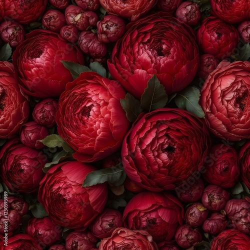 Luxurious rose pattern background featuring lush, full-bloom roses in rich red, burgundy, and gold hues