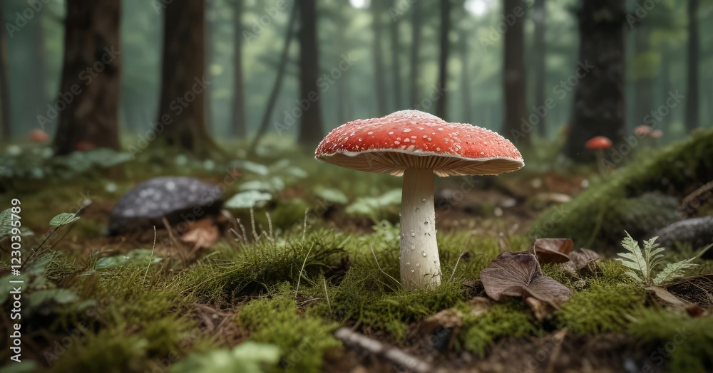 Red mushroom with white spots in woodland environment, earthy tones, woodland Red mushroom with white spots in woodland environment, earthy tones, woodland