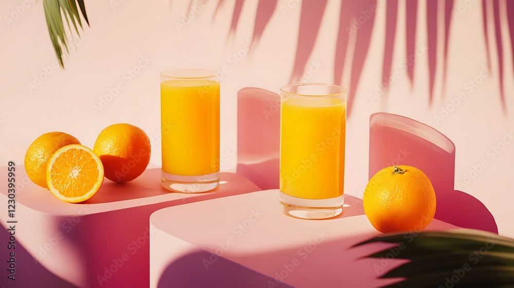 Fototapeta premium Modern still life with citrus, orange juice and oranges on stand and podiums on pink background