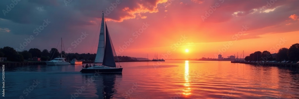Fototapeta premium Sailboat at sunset approaching the entrance to Bremerhaven's harbor in Geeste estuary, boats, water, sea