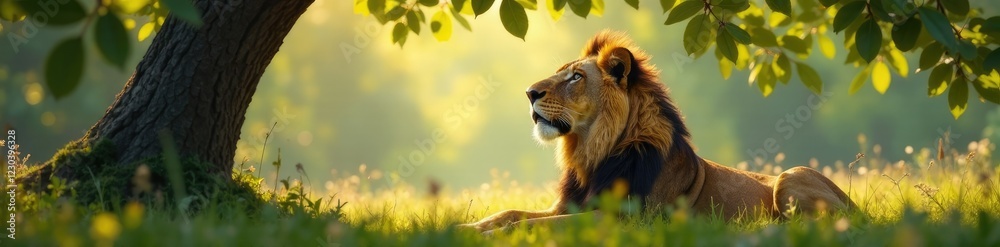 Serene lioness with dark mane curls up under leafy oak canopy, lioness, wildlife Serene lioness with dark mane curls up under leafy oak canopy, lioness, wildlife