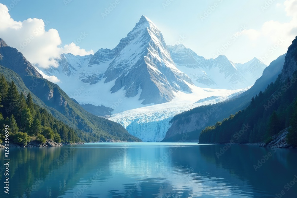 Serene mountain landscape with a majestic glacier, white, calm Serene mountain landscape with a majestic glacier, white, calm