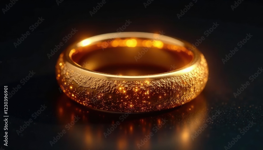 Shimmering metal ring with golden glow on black background, golden glow, dark background, sparkling effect