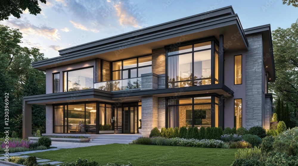 A beautiful two-story home showcases a stunning light purple exterior, harmoniously blending modern design with nature's tranquility. Bright evening light accentuates its features A beautiful two-story home showcases a stunning light purple exterior, harmoniously blending modern design with nature's tranquility. Bright evening light accentuates its features
