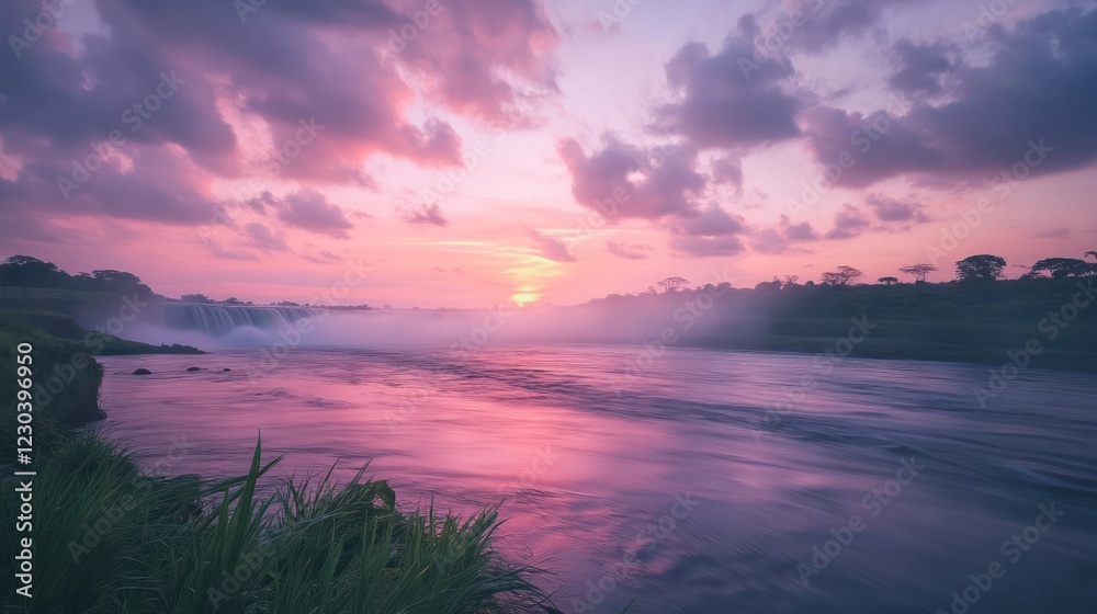 Fototapeta premium Pink sunset over waterfall, river flows, lush vegetation