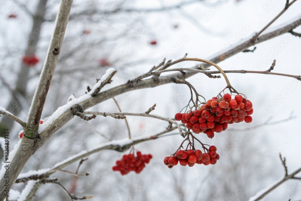 Rowan berries nestled in the fork of a bare winter branch, nature, branch, berries