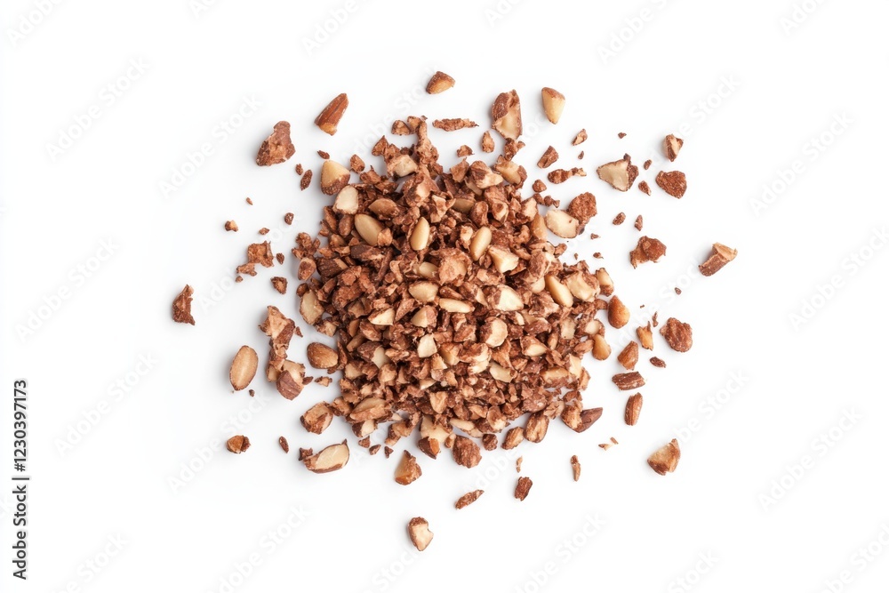 Crushed toasted pine nuts on white background, isolated food texture, culinary concept Crushed toasted pine nuts on white background, isolated food texture, culinary concept