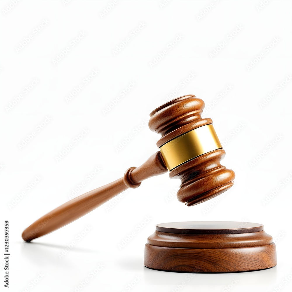 Wooden Judge's Gavel on White Background Symbolizing Justice and Authority Wooden Judge's Gavel on White Background Symbolizing Justice and Authority
