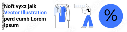 Clothing rack with garments, a customer holding and reviewing a garment on a hanger, and a big percentage sign indicating discount. Ideal for retail, ecommerce, fashion promotion, sales events