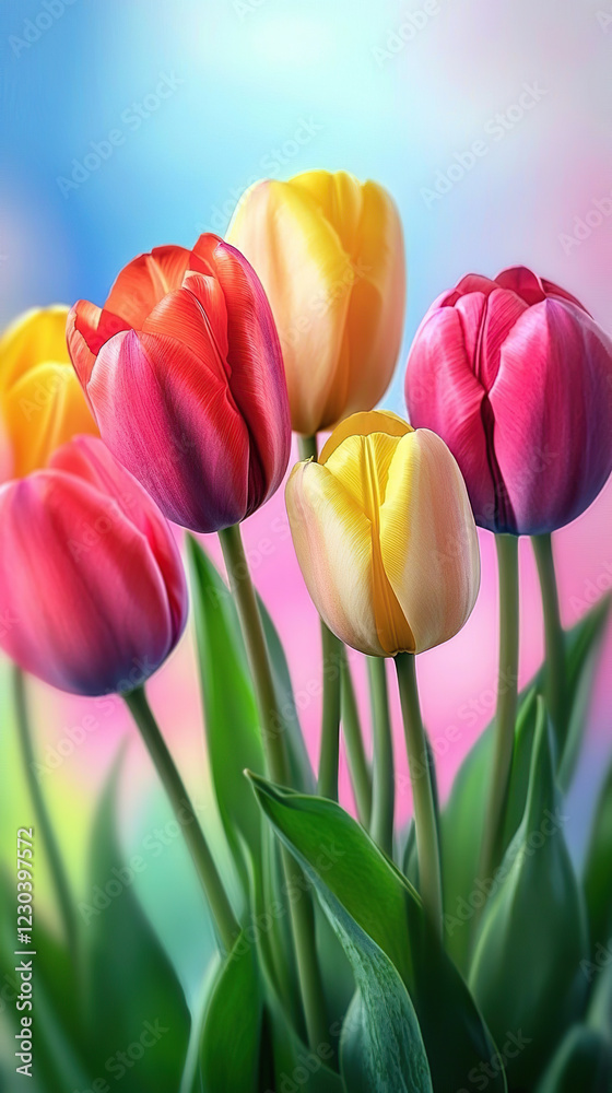 Obraz premium Colorful tulips with soft pastel background