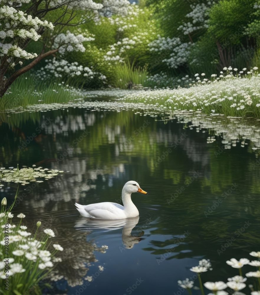 Obraz premium Scenic landscape with a white duck swimming gracefully in a calm lake lined with white flowers along the banks, nature reserve, aquatic plants, landscape, botany