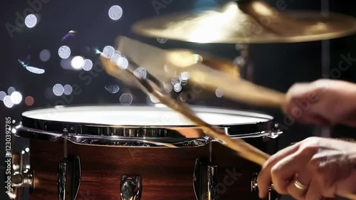 A hand hitting a snare drum with a wooden drumstick, the cymbals shimmering in the background