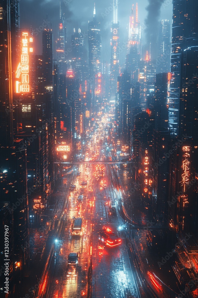 Fototapeta premium Futuristic cityscape at night with vibrant neon lights illuminating busy streets