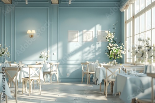 This airy Provence restaurant boasts pastel blue walls, white furniture, and floral decor for cheerful dining photo