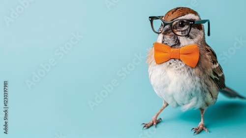 Charming close up of a bird accessorized with glasses and a bow tie for a stylish look