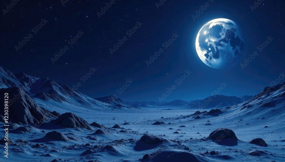 Starry night on the moon's surface with a desolate terrain, desert, galaxy Starry night on the moon's surface with a desolate terrain, desert, galaxy