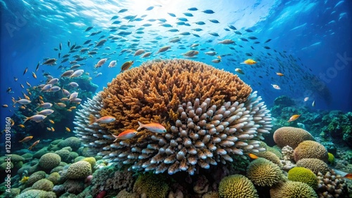 Schools of small fish swimming around a large coral bommie in the ocean, schools of fish, coral formations, ocean photo